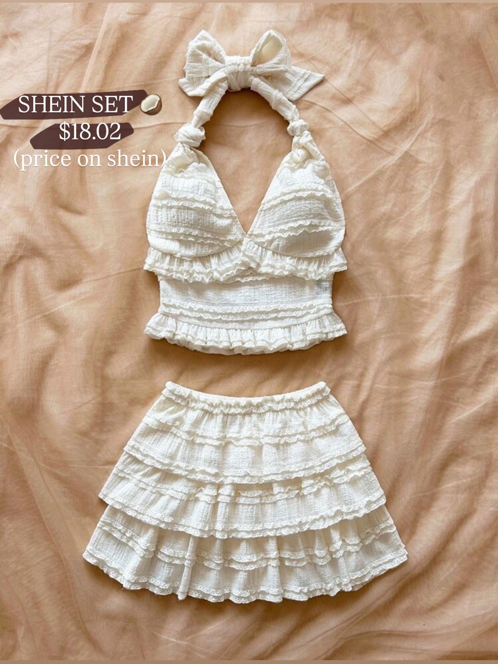 SHEIN Cream Ruffled Halter Crop Top & Tiered Mini Skirt Set